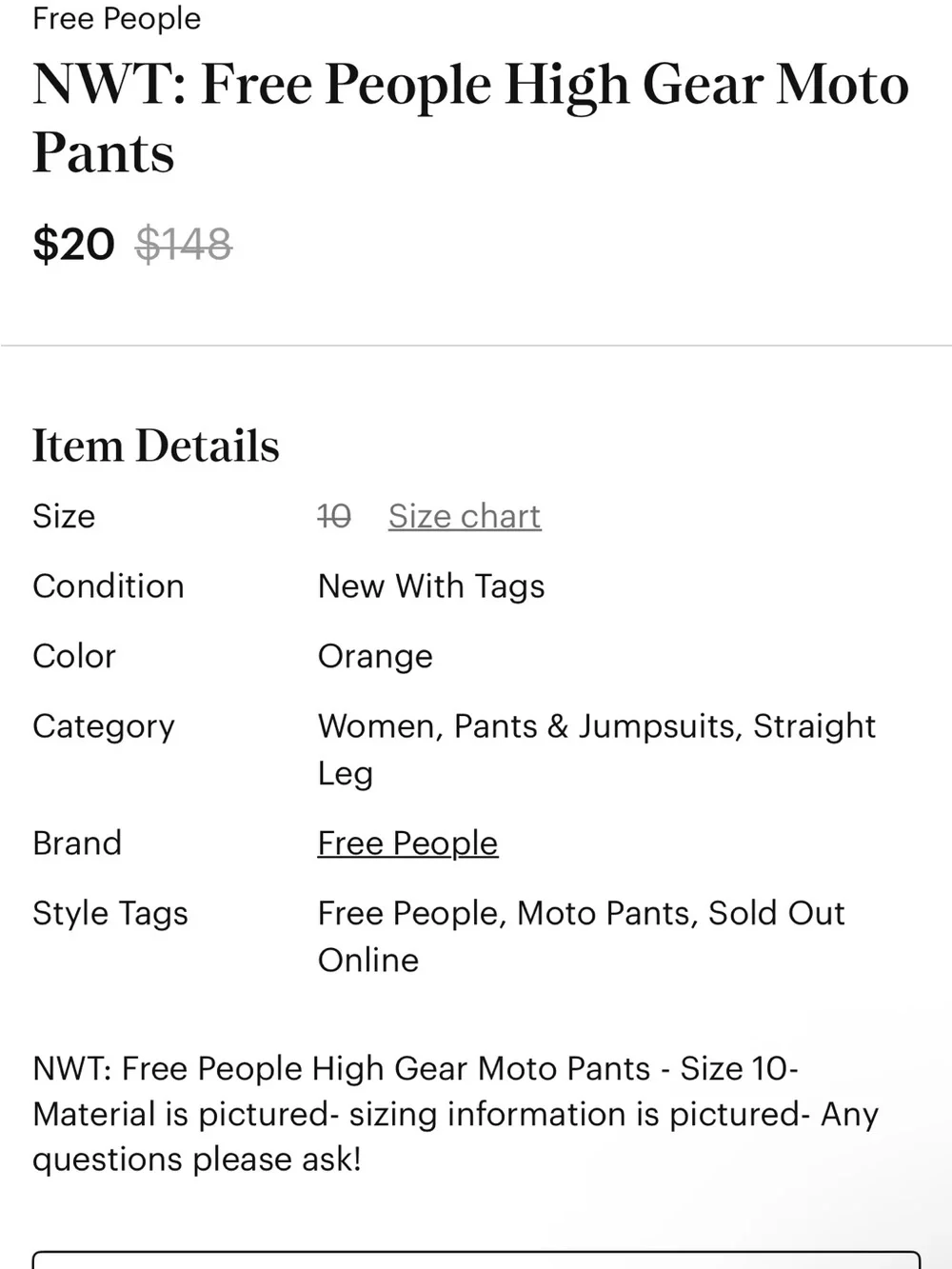 Free People NWT High Gear Rust Orange Corduroy Pants -Sz 10